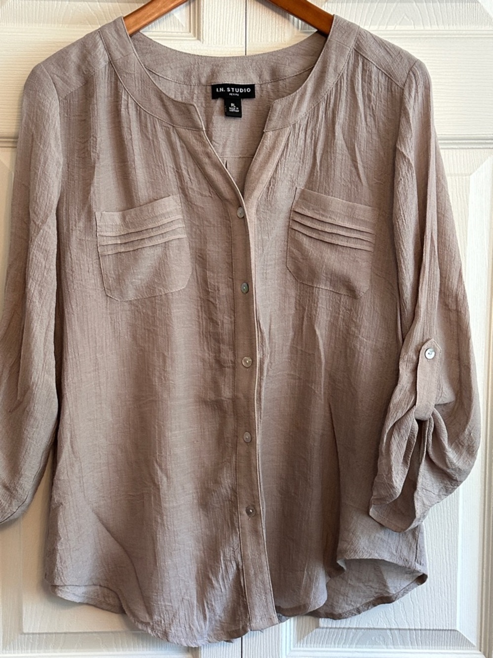 I. N. Studio Lightweight Button Front Blouse in Taupe Gray